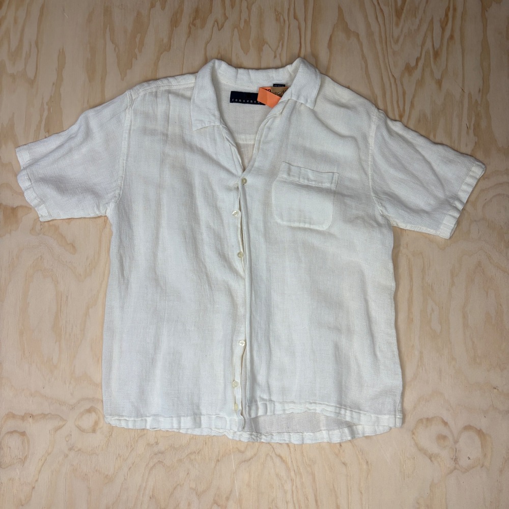 Consensus Mens Large White Linen Cotton Blend Short Sleeve Button Down Shirt L